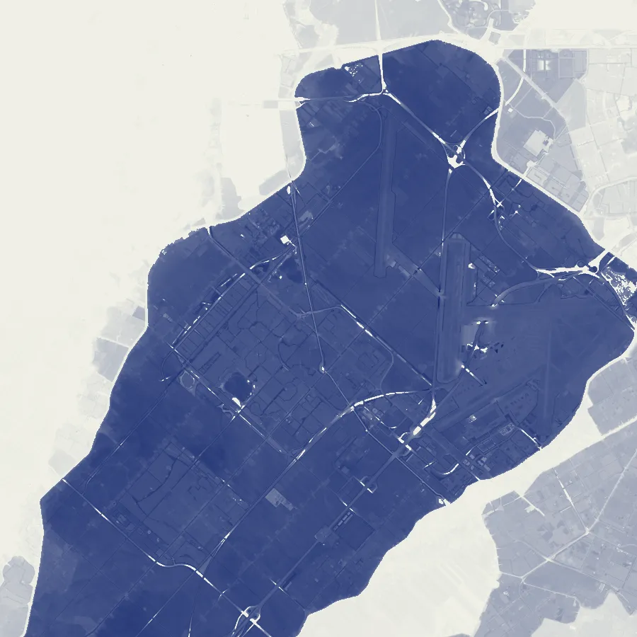 Map of the Haarlemmermeer polder shaded deep blue for flood depth, with Schiphol's runways visible inside it